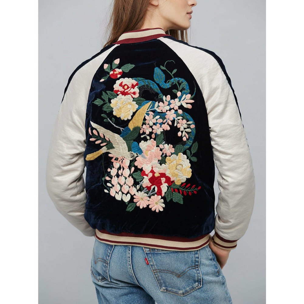 Free People Floral Bird Silk Velvet Bomber Jacket